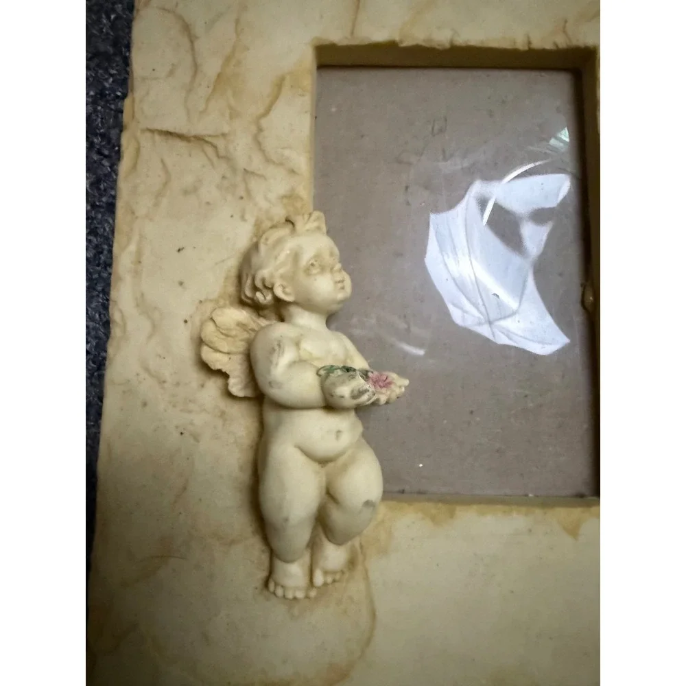Vintage Cherub Angel Resin Picture Frame Ivory Textured Stone Look 5x7 Tabletop